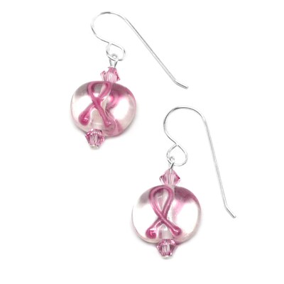 Pink Ribbon Breast Cancer Awareness Earrings Lamp Work Clear Glass Sterling  Silver